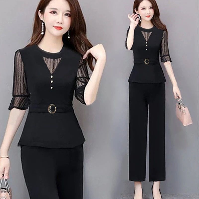 Summer new Korean set women's fashion large slim mesh set women's two piece set