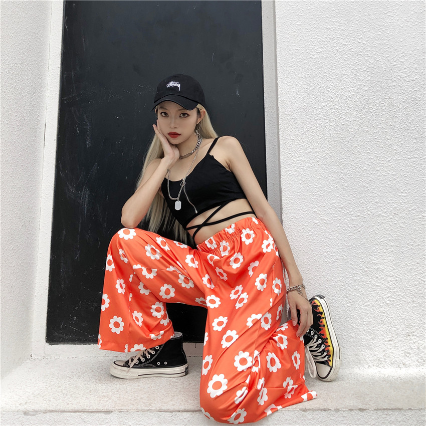 Spring and summer elegant same loose high waist straight tube comfortable leisure retro small flower drop feeling wide leg pants female