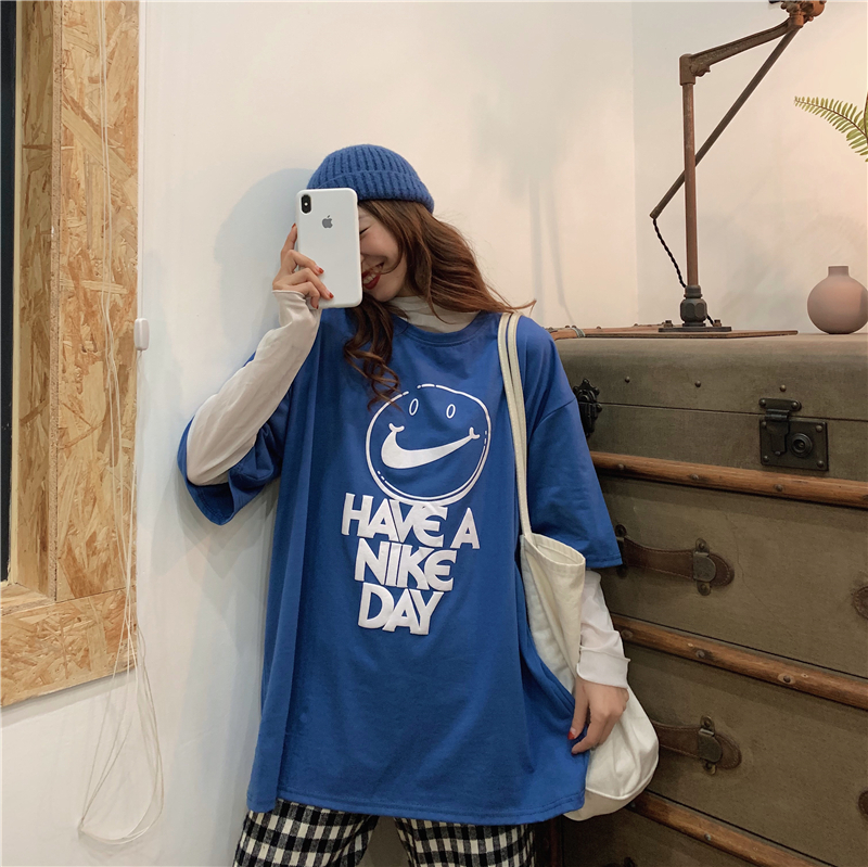 Real shot net red ins Korean super fire D smiling face print short sleeve medium length T-shirt / cotton