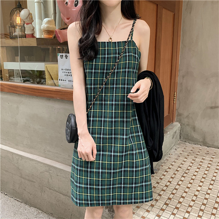 Summer new small fresh lattice suspender show thin dress fairy green sweet skirt small fragrance fashion