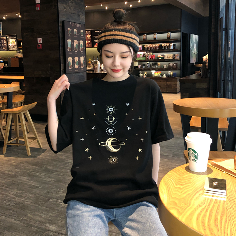 大碼女裝網紅港風大版短袖原宿風刺繡恤女精梳棉