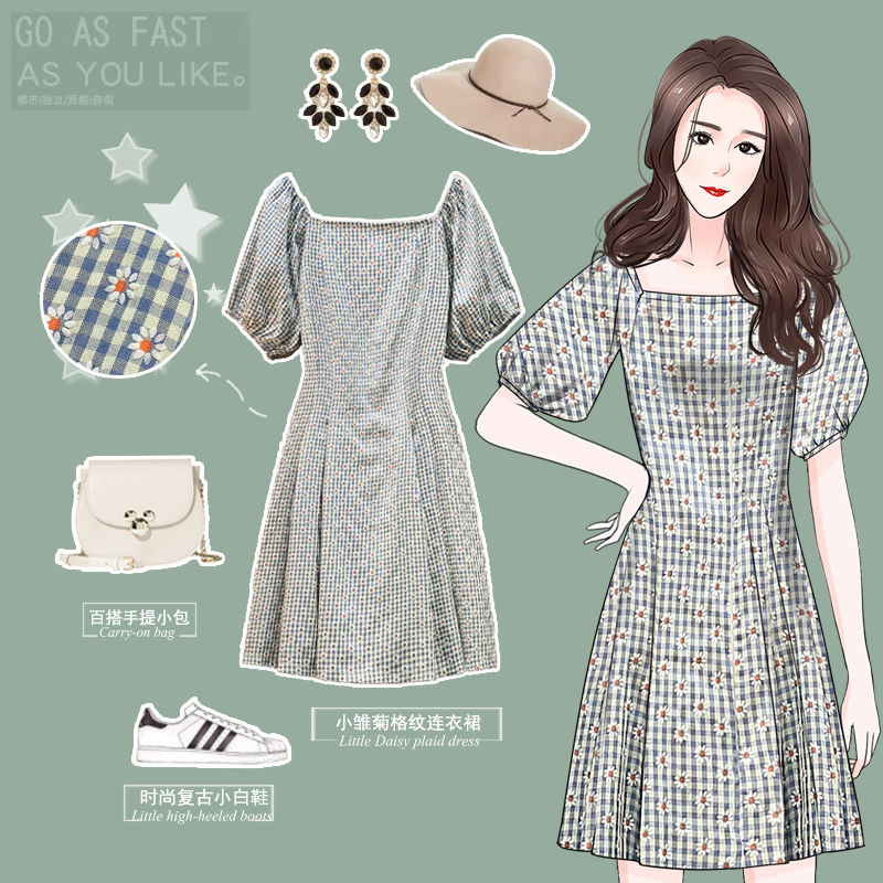 Official figure summer large women's dress with bubble sleeve and Pleated Dress