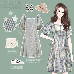 Official figure summer large women's dress with bubble sleeve and Pleated Dress