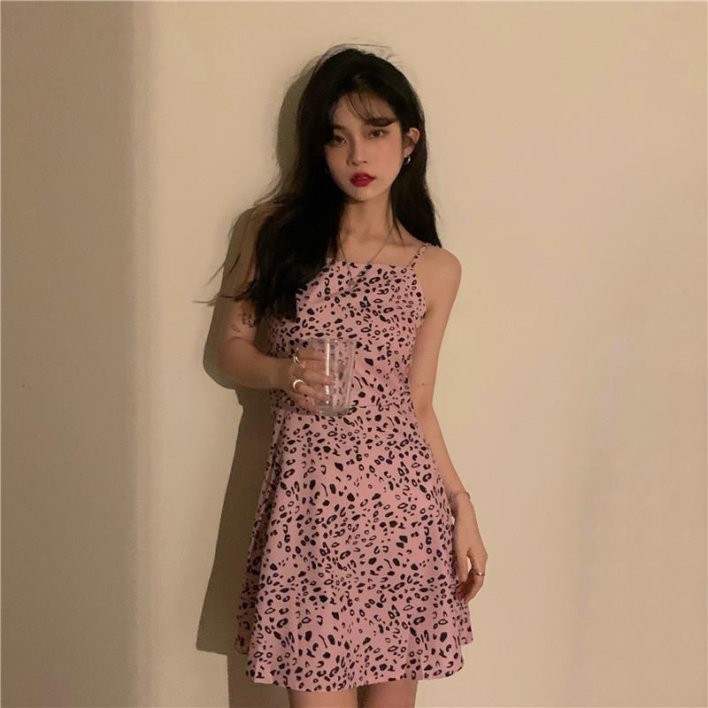 Pink Leopard Pattern suspender cute high waist slim drooping female short skirt summer dress