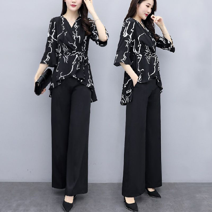 Suit spring and summer new large size loose and thin two piece suit fashionable wide leg pants suit women's style