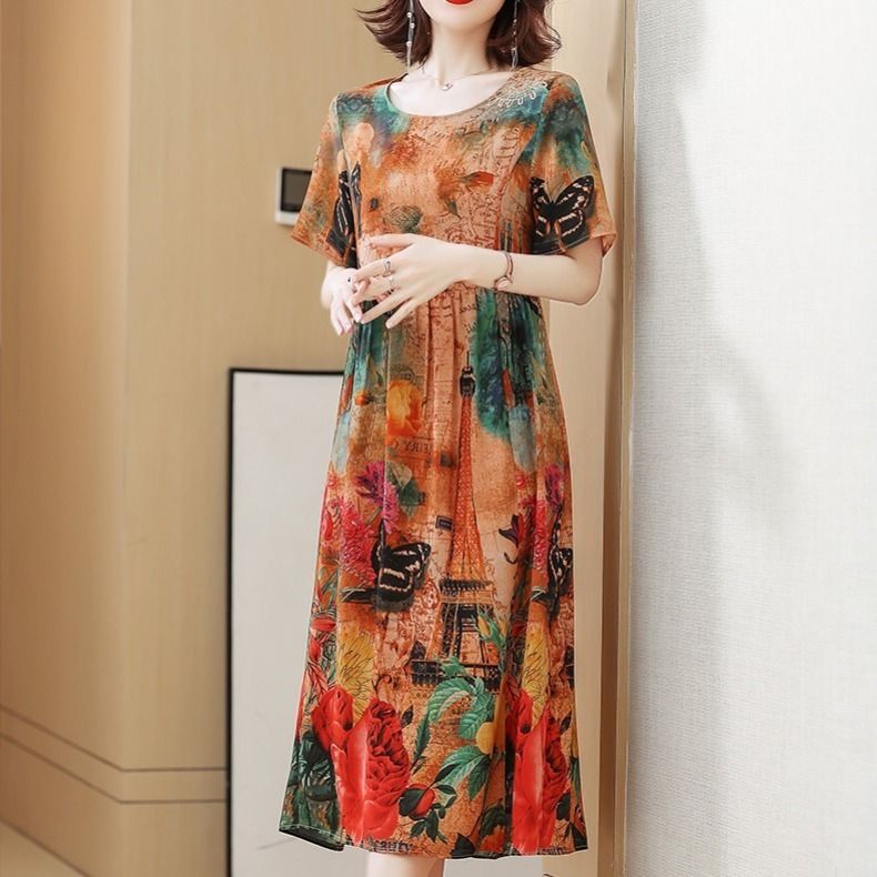 Short sleeve dress women's summer new large size waist show slim round neck floral skirt fashion temperament