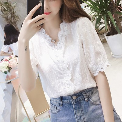 Short sleeve lace shirt for women Xiaxiao fresh and super fairy lace cut out fashion half sleeve small shirt shirt top