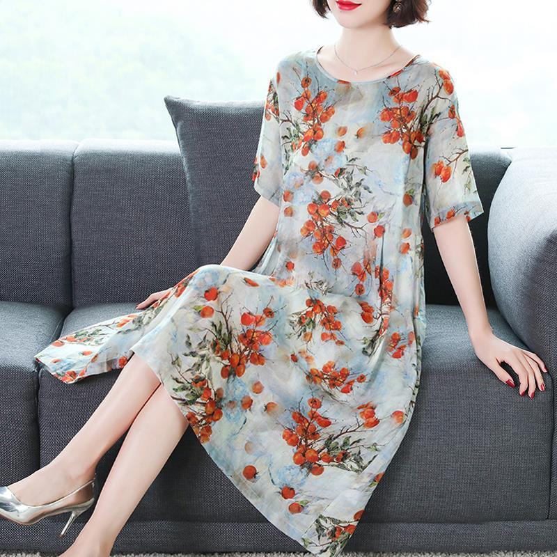 Summer lady temperament ice loose large swing long skirt short sleeve cool large medium length dress