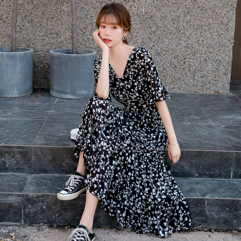 Dress women's summer dress new Floral Chiffon medium sleeve knee length skirt collar skirt fairy super Sen series