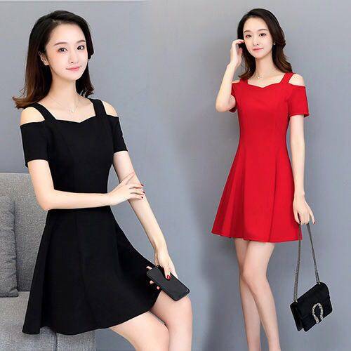 Dress women summer new Korean off shoulder temperament high waist cover belly slim solid color medium long skirt women