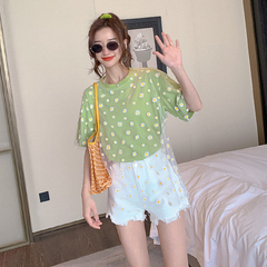 實拍小視頻網紅寬鬆中長款小雛菊網紗拼接短袖恤女棉