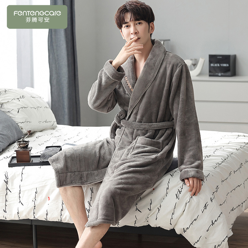 男士法兰绒系带长袖睡袍