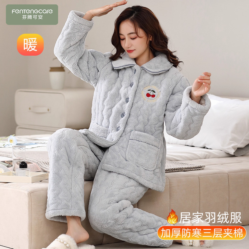 秋冬季加厚加绒珊瑚绒睡衣女