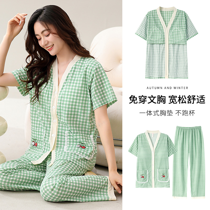 带胸垫睡衣女士夏季纯棉开衫短袖长裤2025新款妈妈可外穿家居服
