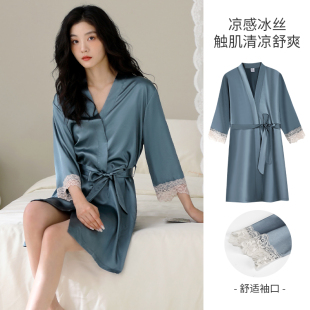 睡衣开衫 七分袖 宽松性感绑带浴袍家居服 冰雪丝睡裙女新款 夏季