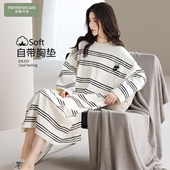 女带胸垫2026新款 纯棉长袖 条纹睡衣女冬天 春秋季 芬腾可安睡裙女款