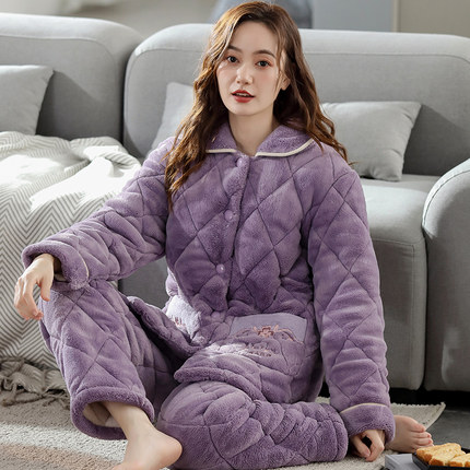 睡衣女冬季三层加厚加绒珊瑚绒夹棉大码中老年妈妈加厚家居服套装