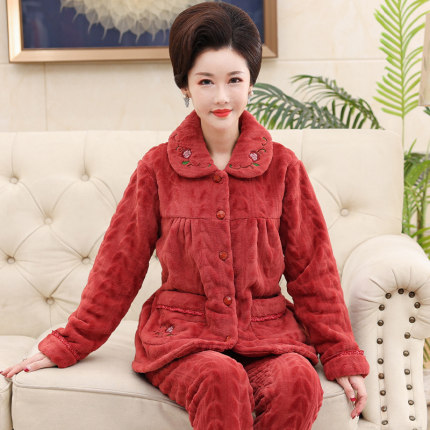 妈妈珊瑚绒睡衣女秋冬季加厚加绒法兰绒保暖中老年大码家居服套装