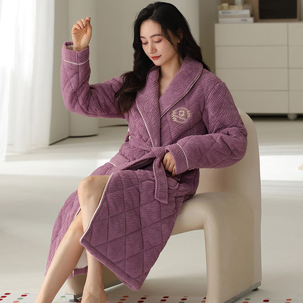 睡袍秋冬款女珊瑚绒三层夹棉加绒加厚冬天睡袍出众家居服女款冬季