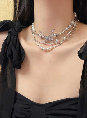 夏日出行高级感多层蝴蝶吊坠珍珠轻奢项链小众时尚甜美氛围锁骨链