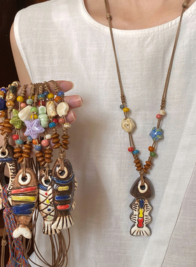 新款复古民族风陶瓷鱼项链女长款抽拉式毛衣链小众设计感个性配饰
