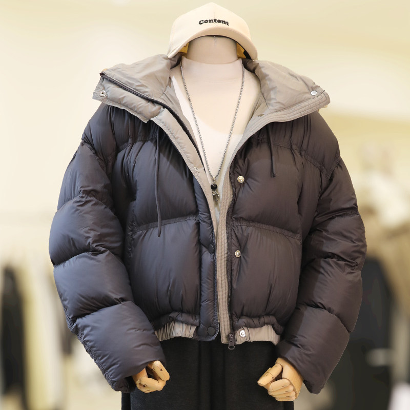 zaw大码女装短款连帽羽绒服冬季韩系面包服保暖撞色拼接胖mm外套