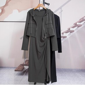 早秋时尚开叉连衣裙套装女新品2023连帽休闲外套显瘦吊带裙两件套