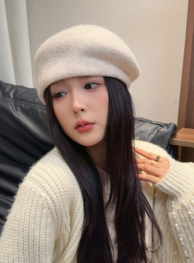 韩系羊毛针织贝雷帽女秋冬显脸小