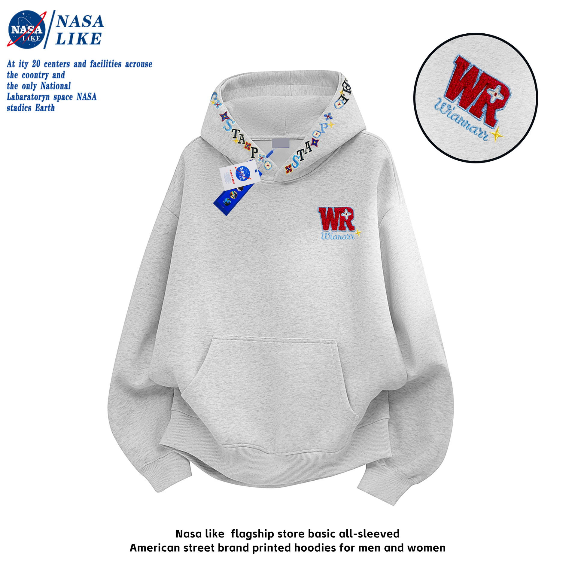 W字母刺绣连帽卫衣男女同款氛围感重加绒帽衫学生秋冬上衣高质量