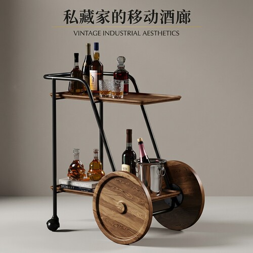 复古工业风木质双层带轮餐车
