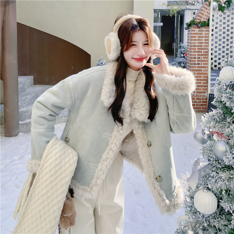 有货~立领蓝色皮毛一体毛毛外套2C118-M872P200控308，女装皮草，2C118