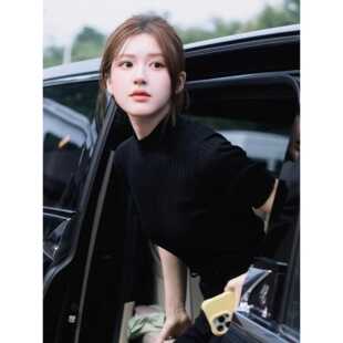 许我耀眼许妍赵露思同款衣服穿搭女黑色半高领针织衫修身短袖上衣