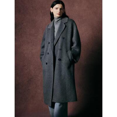 黑灰色双面羊毛大衣女中长款25秋冬新款韩版宽松羊绒呢外套101801