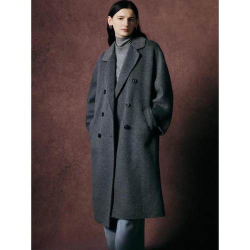 黑灰色双面羊毛大衣女中长款25秋冬新款韩版宽松羊绒呢外套101801