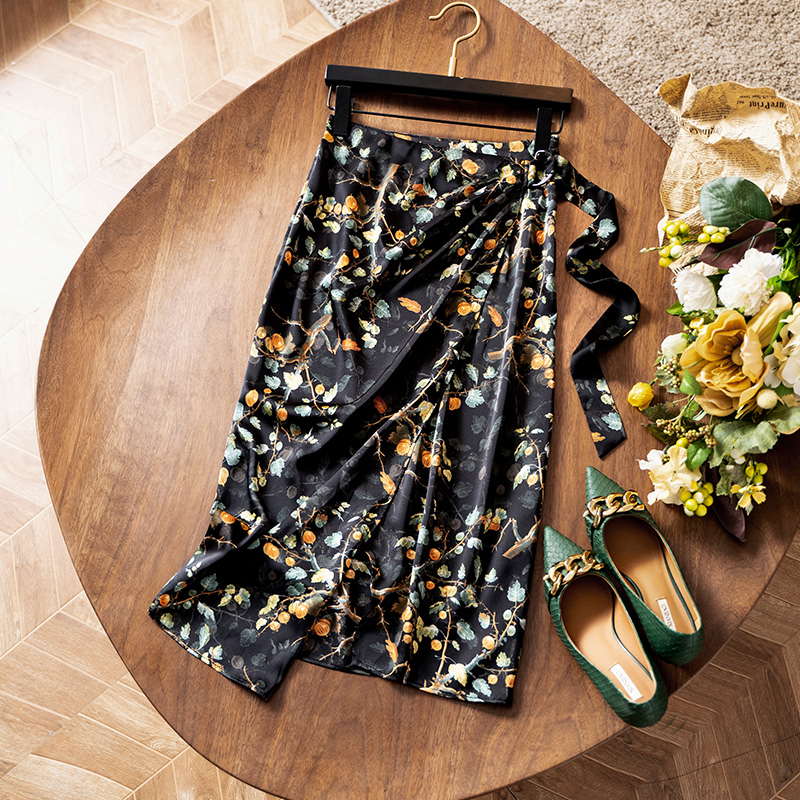 中长款包臀裙法式醋酸印花围裹裙