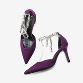 女 紫色百搭水钻链条细跟绝美不累脚高跟鞋 2025年新款 尖头包头凉鞋
