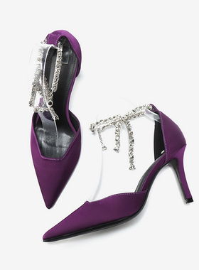 2025年新款尖头包头凉鞋紫色百搭水钻链条细跟绝美不累脚高跟鞋女