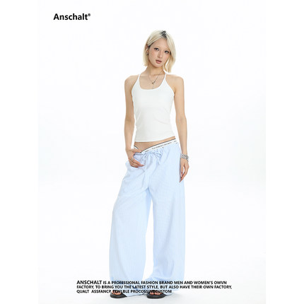 Anschalt / 极简随性夏季轻美式度假风竖条纹垂感宽松阔腿休闲裤