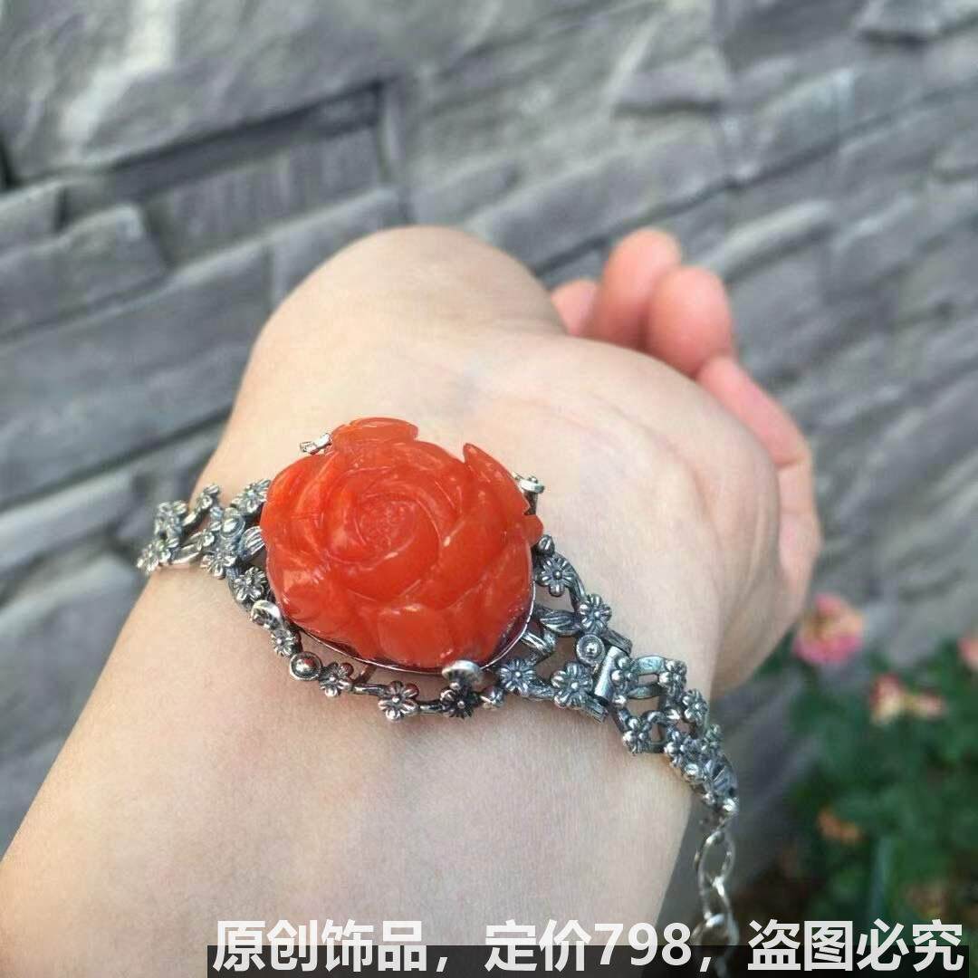 送朋友礼物手链精品天然银镶镶嵌手环花开富贵规格 . 雕工颜色