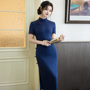 女复古老上海夏季 蓝色短袖 改良旗袍2026新款 掐腰长款 民国风新中式