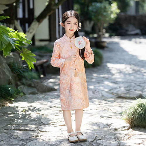 2026新款长袖旗袍新中式国风粉色扎染旗袍裙小女孩复古风日常可穿