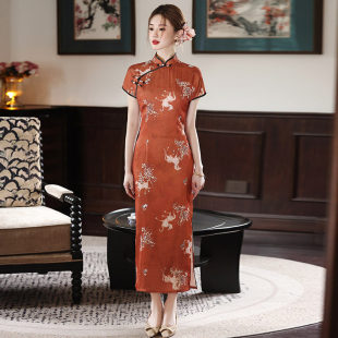 显瘦日常可穿连衣裙2026年夏 旗袍女橙红色修身 新中式 复古刺绣短袖