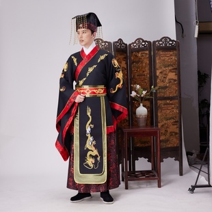 秦始皇朝古装天子汉武帝服装男古代皇帝缎面绣花龙袍演出服旅拍服