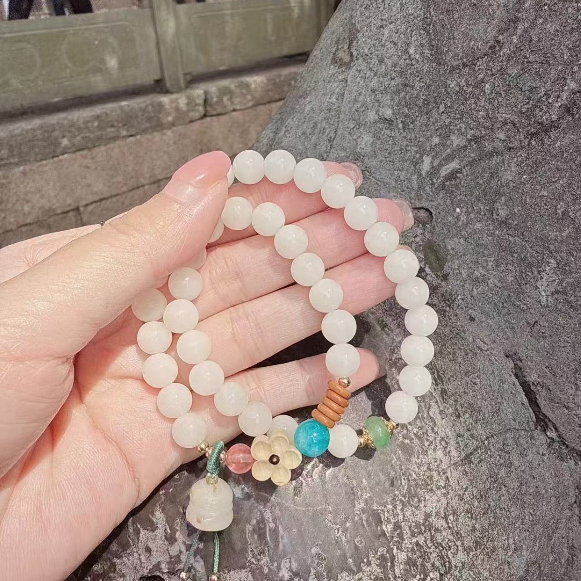 普陀山白玉菩提招财猫佛珠手链