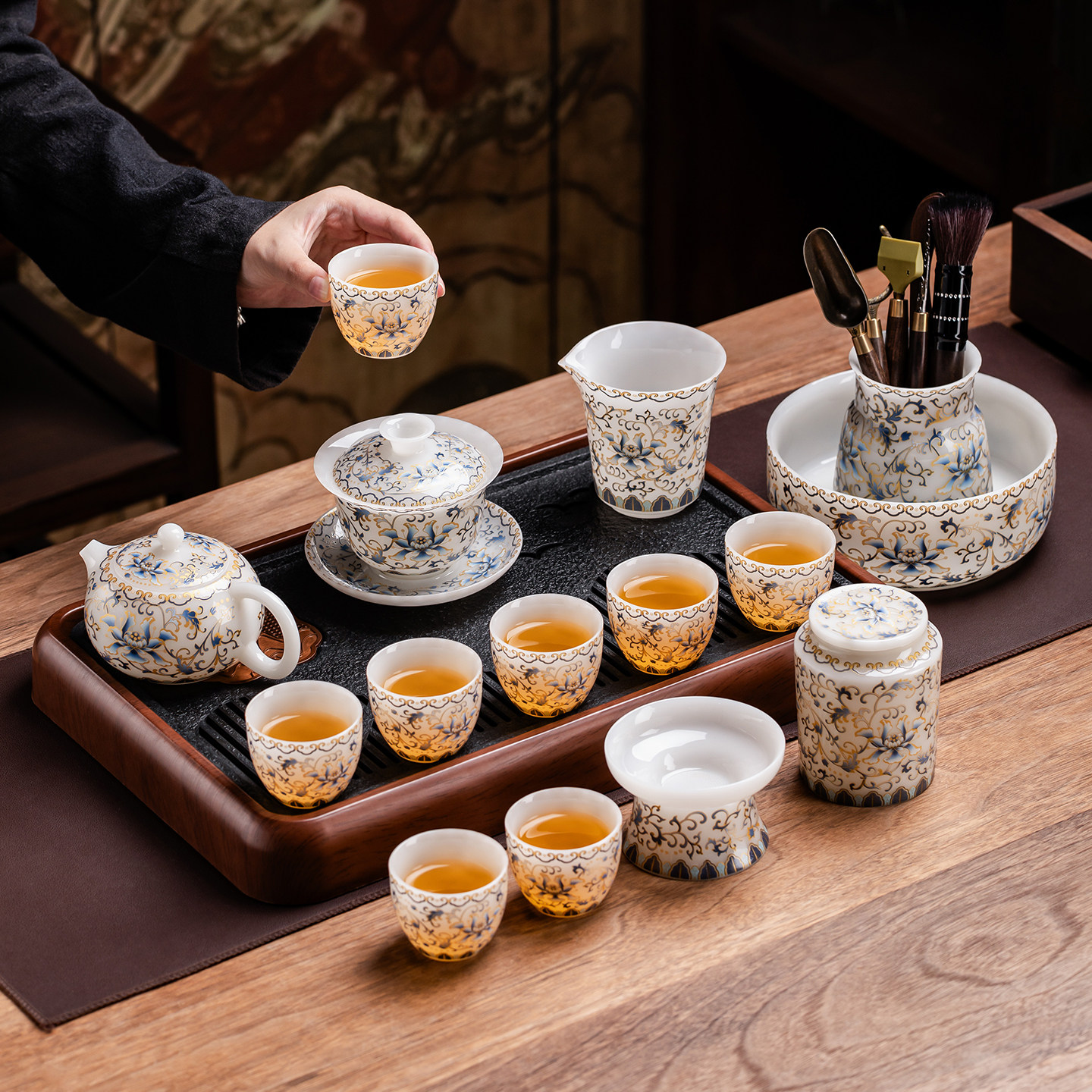 瓷牌茗中式复古冰种璞玉缠枝莲茶具家用高档功夫茶具陶瓷泡茶礼盒