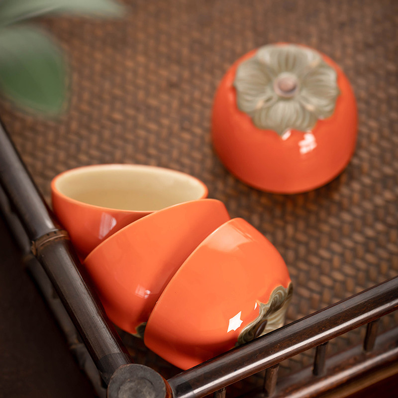 手绘柿子喝茶小茶杯功夫茶具釉下彩冰裂釉办公室品茗杯主人杯单杯,餐饮具,茶杯,淘宝优惠券,粉丝福利购,淘宝优惠卷