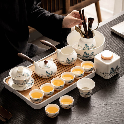 瓷牌茗陶瓷色釉竹制羊脂玉套装