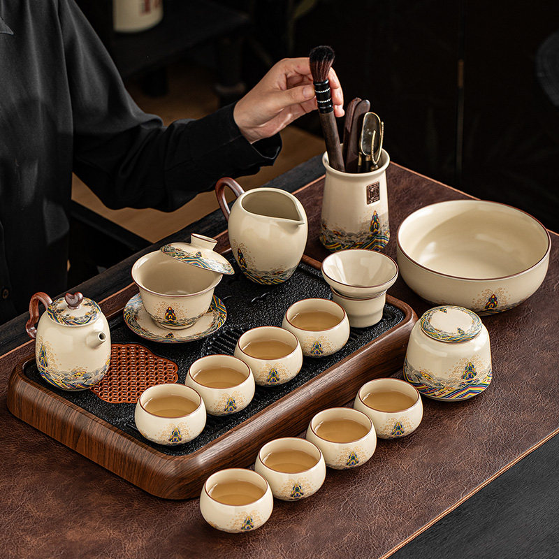 瓷牌茗汝窑功夫茶具套组陶瓷茶壶盖碗开片可养办公室茶盘泡茶整套