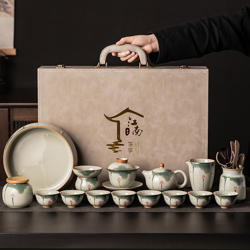 瓷牌茗陶瓷手绘哥窑功夫茶具套装西施壶盖碗家用办公泡茶器礼盒装