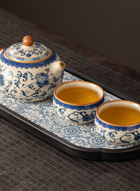 汝窑青花一壶两杯功夫茶具小型套装陶瓷茶壶茶盘一两人喝茶泡茶器